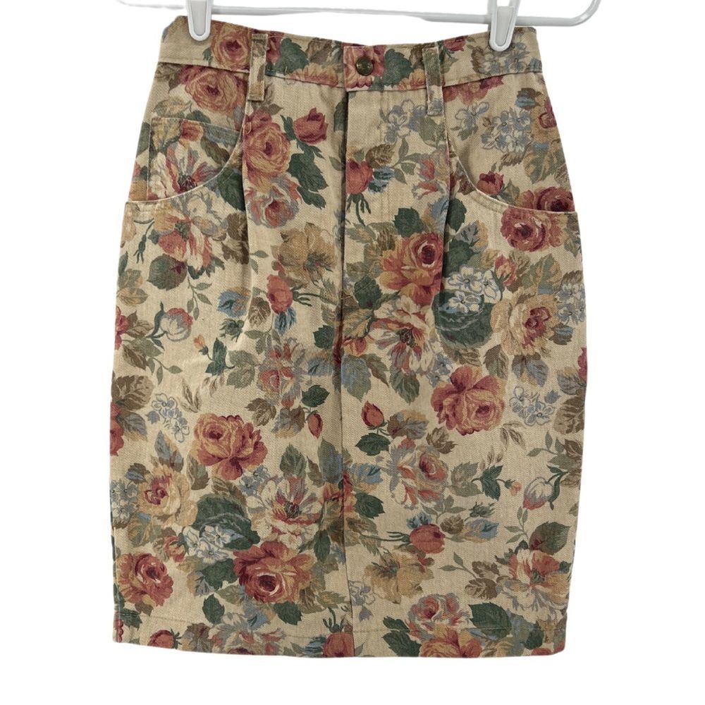 French Navy floral vintage denim Jean skirt knee length neutral 90s size 6